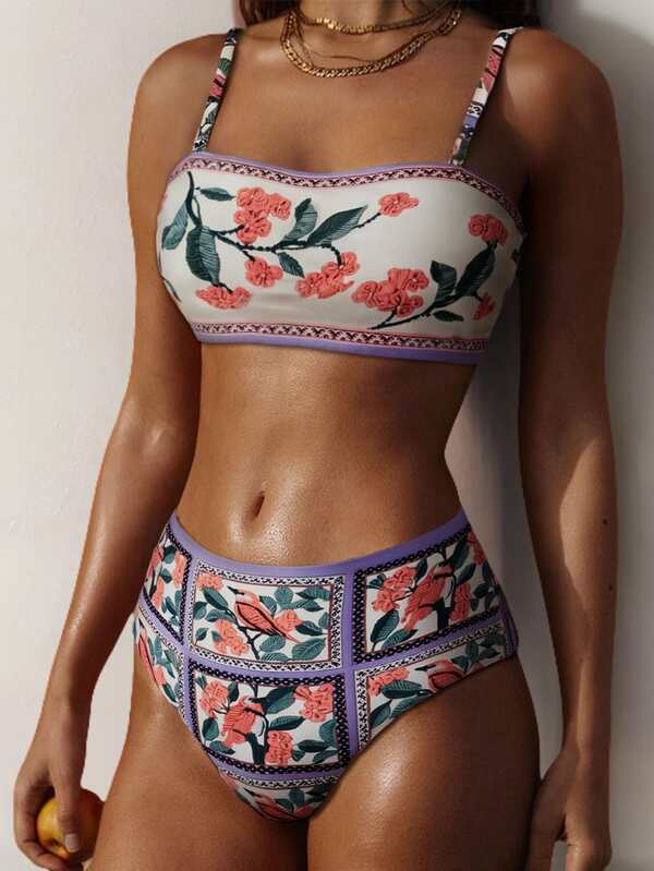 2pcs/Set Women's Floral Print Spaghetti Strap Bikini Top And Bottom Sets Summer