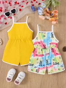 2pcs Young Girls Set: Bow Heart Letter Tie-Dye Jumpsuit + Letter Print Camisole Romper - Yellow - View 2