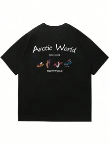 男士夏季企鹅冲浪字母印花图案圆领短袖休闲T恤 - 黑色 - 查看 6