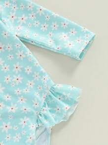 Traje de baño para niñas pequeñas, con protección contra erupciones, de manga larga, estampado floral, con volantes y gorro de baño - Verde - Ver 5