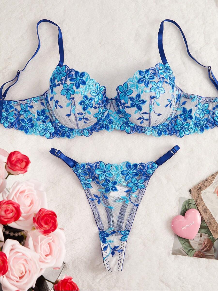 Floral Embroidered Mesh Sexy Lingerie Set For Women, Rave For Going Out, Cool Light Blue - Blue - View 1