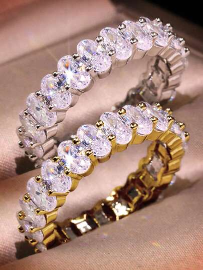 1 pièce Magnifique et glamour 925 Argent Sterling Bague avec zirconium ovale et rangée de diamants brillants pour femmes. Bague pour soirée, mariage, anniversaire. Cadeau de bijoux de haute qualité