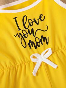 2pcs Young Girls Set: Bow Heart Letter Tie-Dye Jumpsuit + Letter Print Camisole Romper - Yellow - View 5