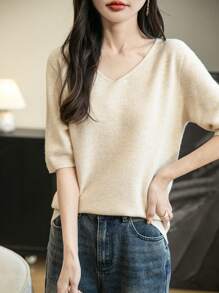 Chanyarn Women's V-Neck 100% Merino Wool Spring Cute Summer Tops First-Line Ready To Wear Seamless Soft Warm Knit Shirt Pullover Short Sleeve Sweater Shirt Business Casual Woman - Beige - View 6