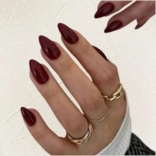 24片优雅酒红色杏仁形中号假指甲，欧美风格美甲装饰，适合女士和女孩，适合约会、派对、聚会、婚礼、节日庆典。今日订单赠送指甲胶条和指甲锉，美甲用品，美甲 - 紅色 - 查看 2