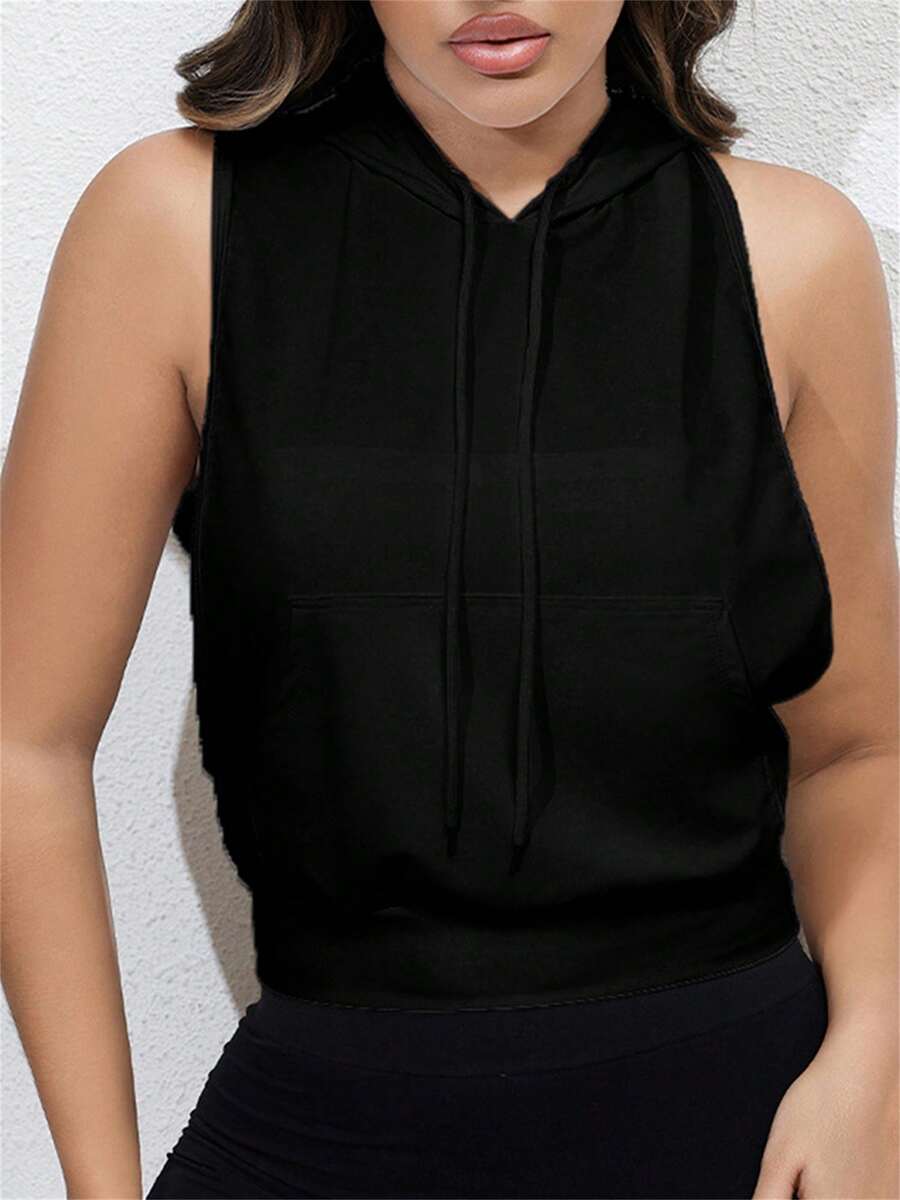 Womens Hooded Tank Tops Solid Color Sleeveless Crop Hoodies With Pocket Casual Sportswear - Black - View 1