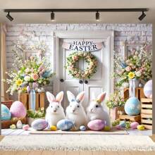 Fondo de fotografía con temática de Pascua, colores suaves con conejos, huevos de Pascua y arreglos florales, de fibra de poliéster - Decoración de banner de Feliz Pascua, fondo de fotografía, decoración de banner, accesorios y suministros - Multicolor - Ver 3