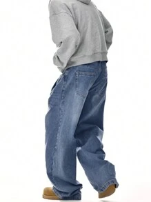 1 件超大宽松复古休闲牛仔裤，阔腿男士街头潮流裤