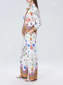 Women 2 Piece Casual Set, Printed Long Sleeve Button Down Shirt Elastic Waist Wide Legs Pants With Pockets - Khaki - View 4