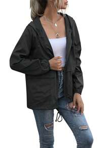 Women Water Resistant Hooded Jacket, Solid Color Zipper Open Front Drawstring Coat, L/ XL/ XXL - Black - View 6