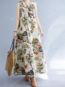 Abito lungo casual da donna con scollo tondo e senza maniche, con stampa