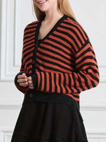 Women Striped Cardigan, Long Sleeve V-Neck Button Closure Fall Casual Jacket Sweater - Orange - View 6