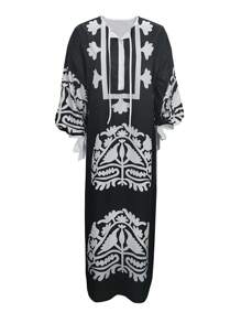 New Vintage Floral Print Dress For Women, With Tie, Button, Side Slit Design, Suitable For Spring/Summer, Vacation/Wedding Guest Wear - Black - View 8