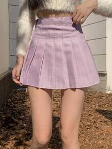 Casual Versatile Solid Color Pleated A-Line Skirt - Purple - View 5