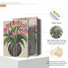 1pc Art Deco Bloemen Olieverfschilderij Op Canvas Gestreepte Vaas Ontwerp Van Tulpen, Houten Omlijste Muurkunst Decoratie Voor Thuis Kantoor Woonkamer Slaapkamer Herfst En Winter Thema, Interieur Portret Kunstdruk -Botanisch-Modern,Poster