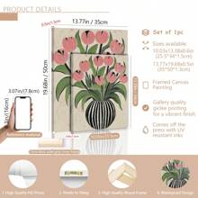 1pc Art Deco Bloemen Olieverfschilderij Op Canvas Gestreepte Vaas Ontwerp Van Tulpen, Houten Omlijste Muurkunst Decoratie Voor Thuis Kantoor Woonkamer Slaapkamer Herfst En Winter Thema, Interieur Portret Kunstdruk -Botanisch-Modern,Poster