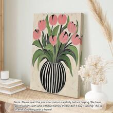 1pc Art Deco Bloemen Olieverfschilderij Op Canvas Gestreepte Vaas Ontwerp Van Tulpen, Houten Omlijste Muurkunst Decoratie Voor Thuis Kantoor Woonkamer Slaapkamer Herfst En Winter Thema, Interieur Portret Kunstdruk -Botanisch-Modern,Poster