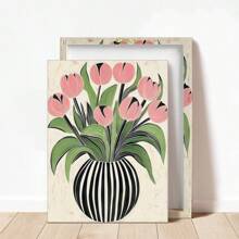1pc Art Deco Bloemen Olieverfschilderij Op Canvas Gestreepte Vaas Ontwerp Van Tulpen, Houten Omlijste Muurkunst Decoratie Voor Thuis Kantoor Woonkamer Slaapkamer Herfst En Winter Thema, Interieur Portret Kunstdruk -Botanisch-Modern,Poster