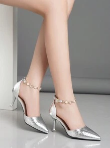 Pointed Toe Shallow High Heel Pumps With Buckle, Rhinestones & Pearl Decor