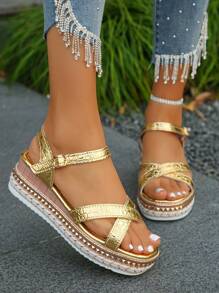 Women's Crocodile Embossed Rivet Decor Criss-Cross Strap Wedges High Heel Sandals, Fashion Gold Thick Sole Vacation Casual, Party Gathering Wear, Random Gold Patterned Design - Gold Crocodile Pattern - View 2