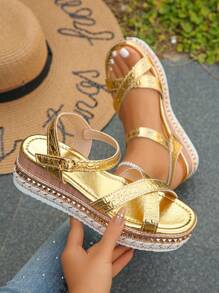 Women's Crocodile Embossed Rivet Decor Criss-Cross Strap Wedges High Heel Sandals, Fashion Gold Thick Sole Vacation Casual, Party Gathering Wear, Random Gold Patterned Design - Gold Crocodile Pattern - View 3