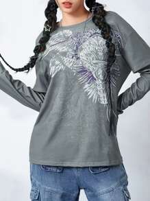 Women Vintage Graphic Grunge Tops Y2K Goth Long Sleeve Fake Two Shirts Spring Fall Alt Clothing For Teen Streetwear