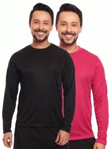 Kit 2 Camisetas Manga Longa Dry Fit Básica Lisa Proteção Solar UV Térmica Blusa Academia Esporte Camisa - Preto/Rosa - Visão 2