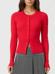 Women's Autumn Sweater Cardigan Solid Color Long Sleeve Round Neck Button Up Ribbed Knitwear - Red - View 2