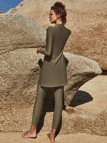 VFJ Modest High Neck Long Sleeve Burkini For Women, Casual High Waist Swimsuit With Zipper Detail And High Stretch Fabric - Army Green - View 6