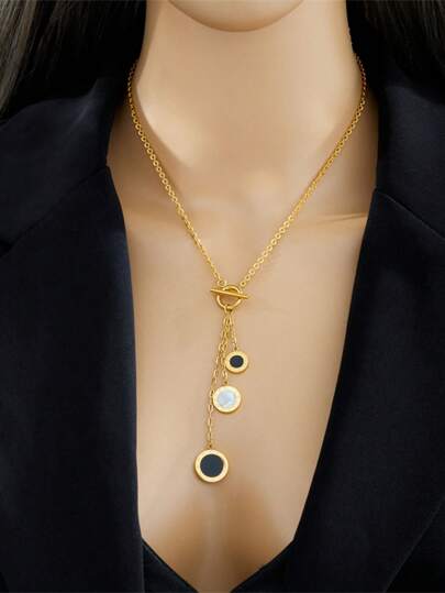 1 件不对称黑白罗马数字圆形吊坠链流苏龙虾扣不锈钢项链