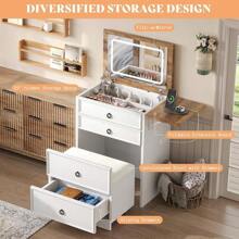 Farmhouse Makeup Vanity Table With Sliding Stool – Fold-Up Mirror, Divided Storage, Power Outlet, And Adjustable LED Light, Ideal For Small Spaces - View 6