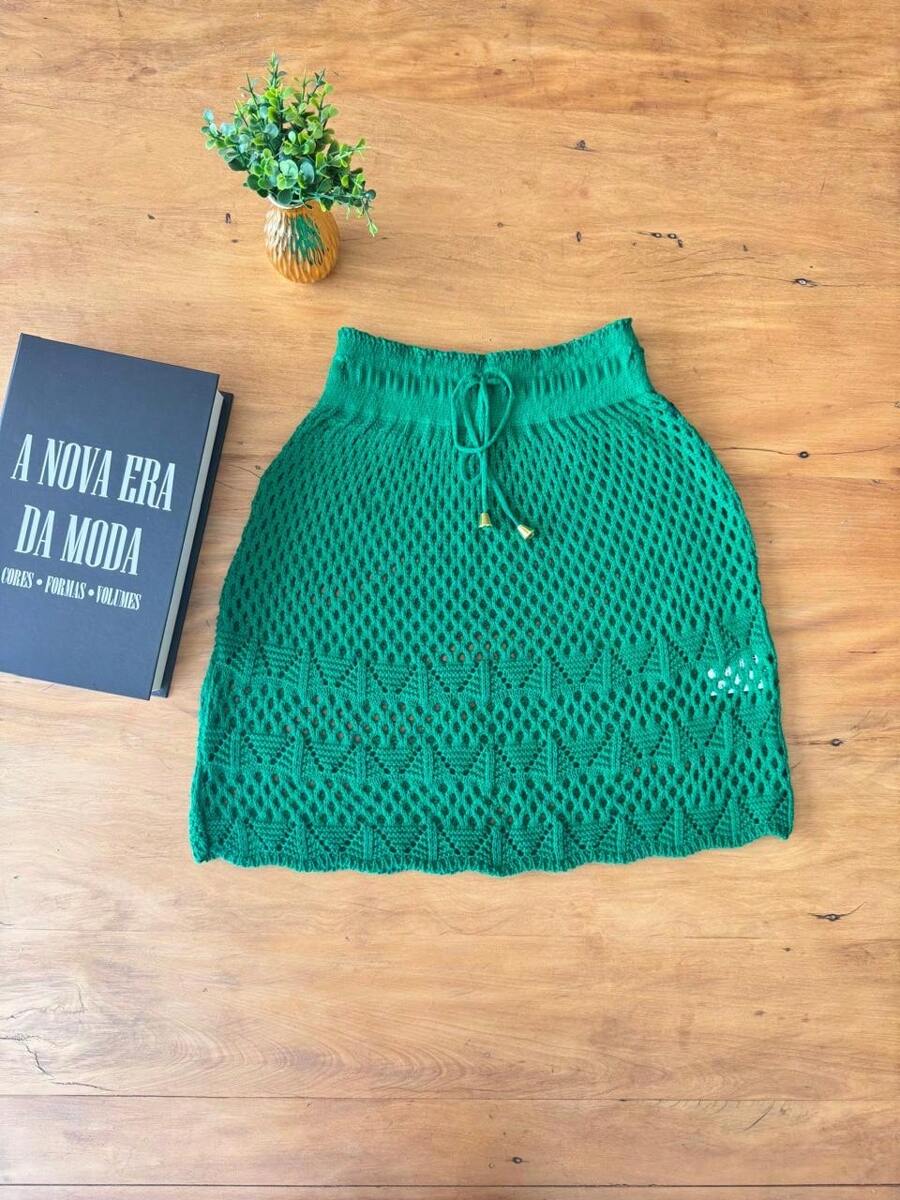 Saia Saída de Praia Feminina Rendada Tricô Moda Verão Ponto Crochê - Verde - Visão 1