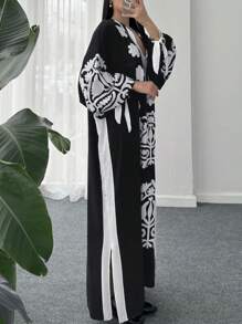 New Vintage Floral Print Dress For Women, With Tie, Button, Side Slit Design, Suitable For Spring/Summer, Vacation/Wedding Guest Wear - Black - View 7