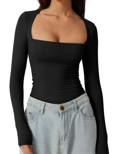 GEREARC Women's Square Neck Long Sleeved T-Shirt Slim Fit Top Basic T-Shirt