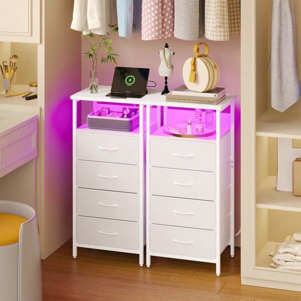 Superlele Nightstand With Charging Station Set Of 2, Beside Table With U-S-B Ports And Outlets, 4 Fabric Storage Drawers With PU Finish, Room Decor, Bedroom Furniture