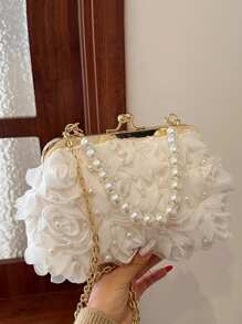 1件白色浪漫婚礼季2025春夏仿珍珠网纱花朵夹仿珍珠手提包女士高端奢华晚宴包，新娘包，婚礼派对，宴会，优雅仿珍珠包，精致花卉包，女士舞会包，蕾丝 - 白色 - 查看 4