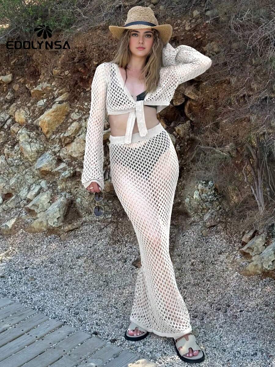 性感针织镂空两件套泳衣罩衫 2025 夏季女士喇叭袖腰系带上衣长裙套装俱乐部沙滩裙 - 白色 - 查看 1