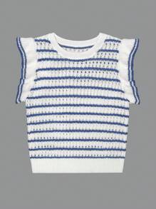 女士钩针编织条纹毛衣背心轻质圆领荷叶边盖袖上衣