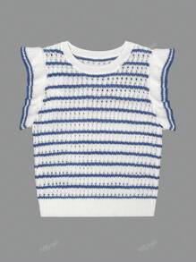 Women's Crochet Knit Striped Sweater Vest Lightweight Crewneck Ruffles Cap Sleeve Top