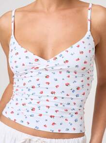 Women Y2k Spaghetti Strap Camisole Crop Tank Top Cami Tops Floral Print Sleeveless V Neck Solid Color Slim Fit Backless Vest Going Out Tops Clubwear Streetwear Summer Outfit Aesthetic Clothes - 藍色 - 查看 1