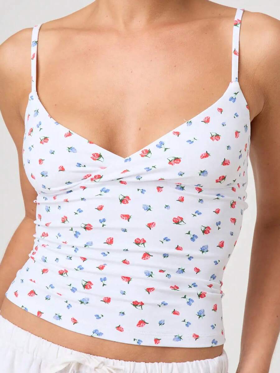 Women Y2k Spaghetti Strap Camisole Crop Tank Top Cami Tops Floral Print Sleeveless V Neck Solid Color Slim Fit Backless Vest Going Out Tops Clubwear Streetwear Summer Outfit Aesthetic Clothes - 藍色 - 查看 1