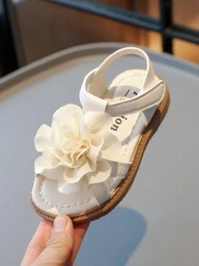 1 Pair Girls Solid Color Leather Open Toe Flower Decor Flat Sandals, Cute For Spring/Summer - Beige - View 8