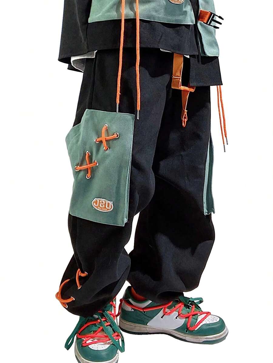 Men's Black Strapped Pants Streetwear Cotton Blend Trousers With Belt - màu đen - Xem 1