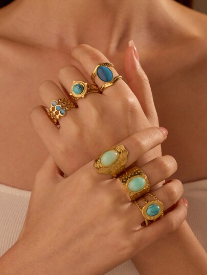 6 Peças Conjunto de Anéis Dourados Amarelos da Moda Exagerados com Gemas Azuis em Aço Inoxidável para Mulheres, Adequado para Decoração ou Presente