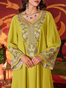 Plus Size Women Elegant Arabic Style Rhinestones & Embroidery Sweetheart Neck Long Dress - Green - View 8