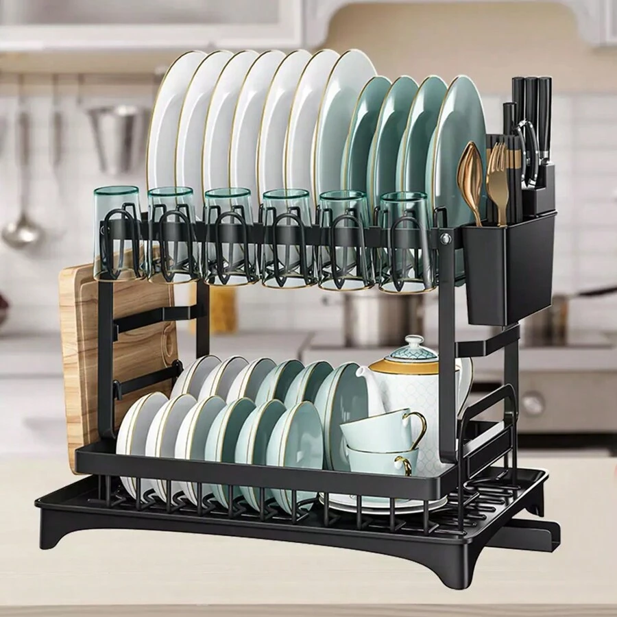 2 Tier Dish Rack Plate Cup Drying Drainer Storage Drip Tray Cutlery Holder Black/White - Black - View 1