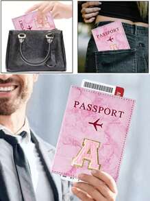 1 pieza Funda protectora de pasaporte bordada con toalla rosa con las primeras letras de la A a la Z impresas, cartera de pasaporte para mujer y hombre, estilo vintage de negocios, funda de pasaporte y tarjetero multifunción de PU para viaje en avión y accesorios de viaje - Rosa - Ver 7