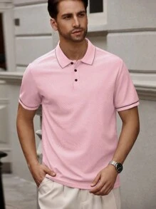 Men Plus Size Striped Short Sleeve Casual Office Polo Shirt - Pink - View 5