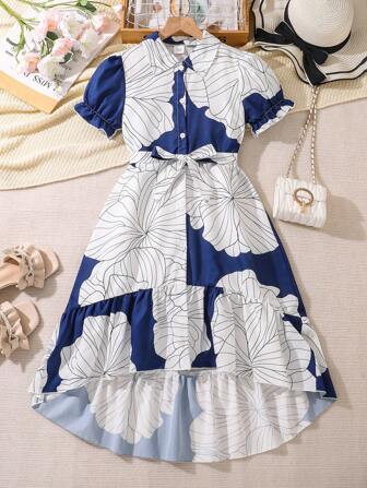 Tween Girls 优雅花朵印花泡泡袖连衣裙，夏季