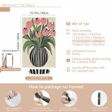1pc Art Deco Bloemen Olieverfschilderij Op Canvas Gestreepte Vaas Ontwerp Van Tulpen, Houten Omlijste Muurkunst Decoratie Voor Thuis Kantoor Woonkamer Slaapkamer Herfst En Winter Thema, Interieur Portret Kunstdruk -Botanisch-Modern,Poster